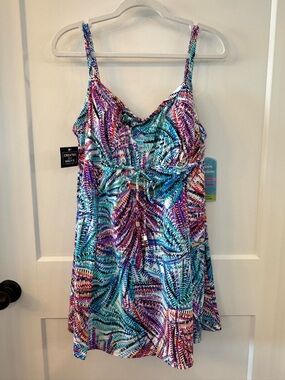 Swim Solutions Multicolor Tropical Print Empire Swimdress